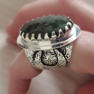 New Witchy Moss Agate Horned Crescent Moon 925 Silver Ring.
